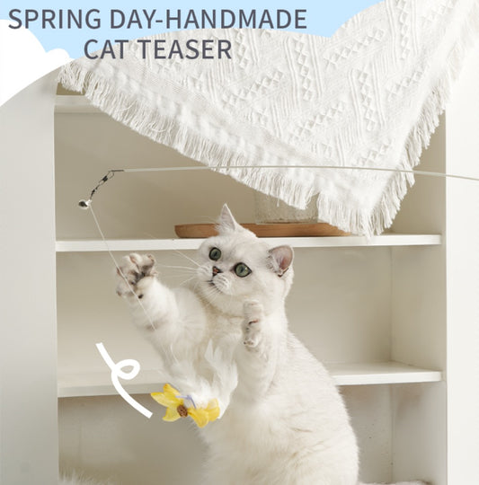 Springtime series retractable cat-teasing wand-Yellow feathered